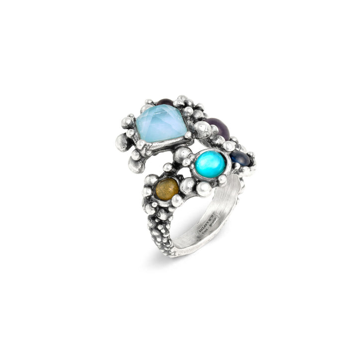 Giovanni Raspini Cocktailring Ring aus 925er Silber, Perlmutt, Amethyst und Siamit 12530