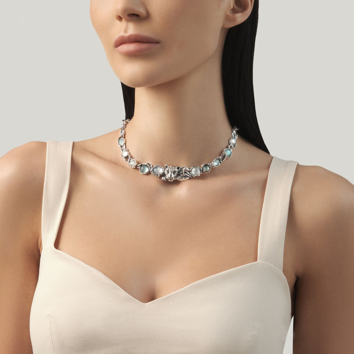Colar Jaguar Azul Giovanni Raspini - Colar em prata 925, madrepérola, cristal de rocha e quartzo - 12680