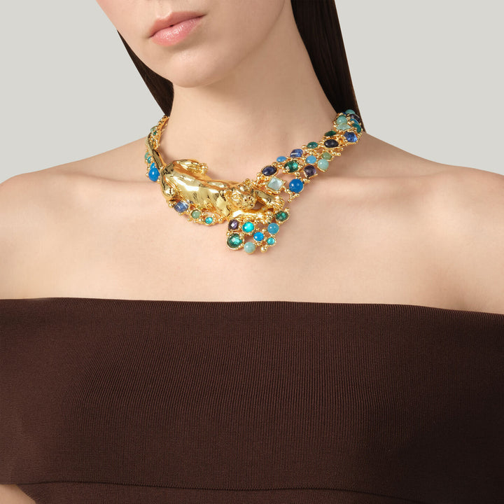 Collier Giovanni Raspini panthère mirage bleu Collier plaqué or 18 kt, pierres naturelles et gemmes N0032