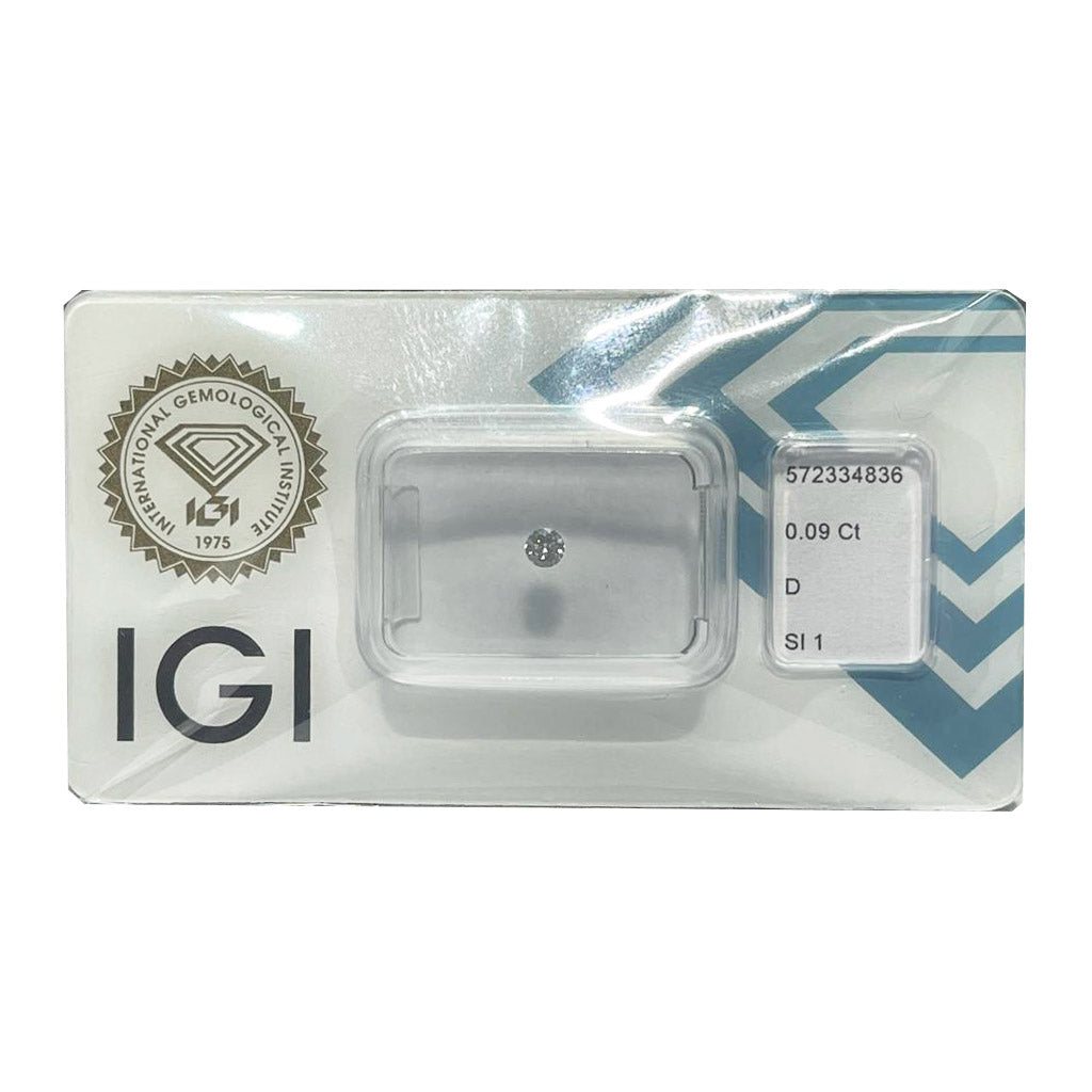 IGI 钻石水泡证书闪亮切割 0.09ct 颜色 D 纯度 SI 1