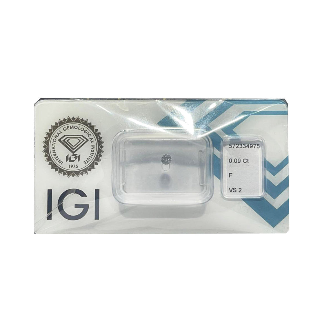 IGI 钻石水泡证书闪亮切割 0.09ct 颜色 F 纯度 VS 2