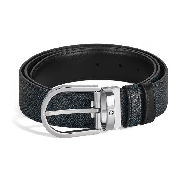 Ceinture réversible Montblanc Horseshoe 35 mm Sartorial cuir tweed bleu 198572