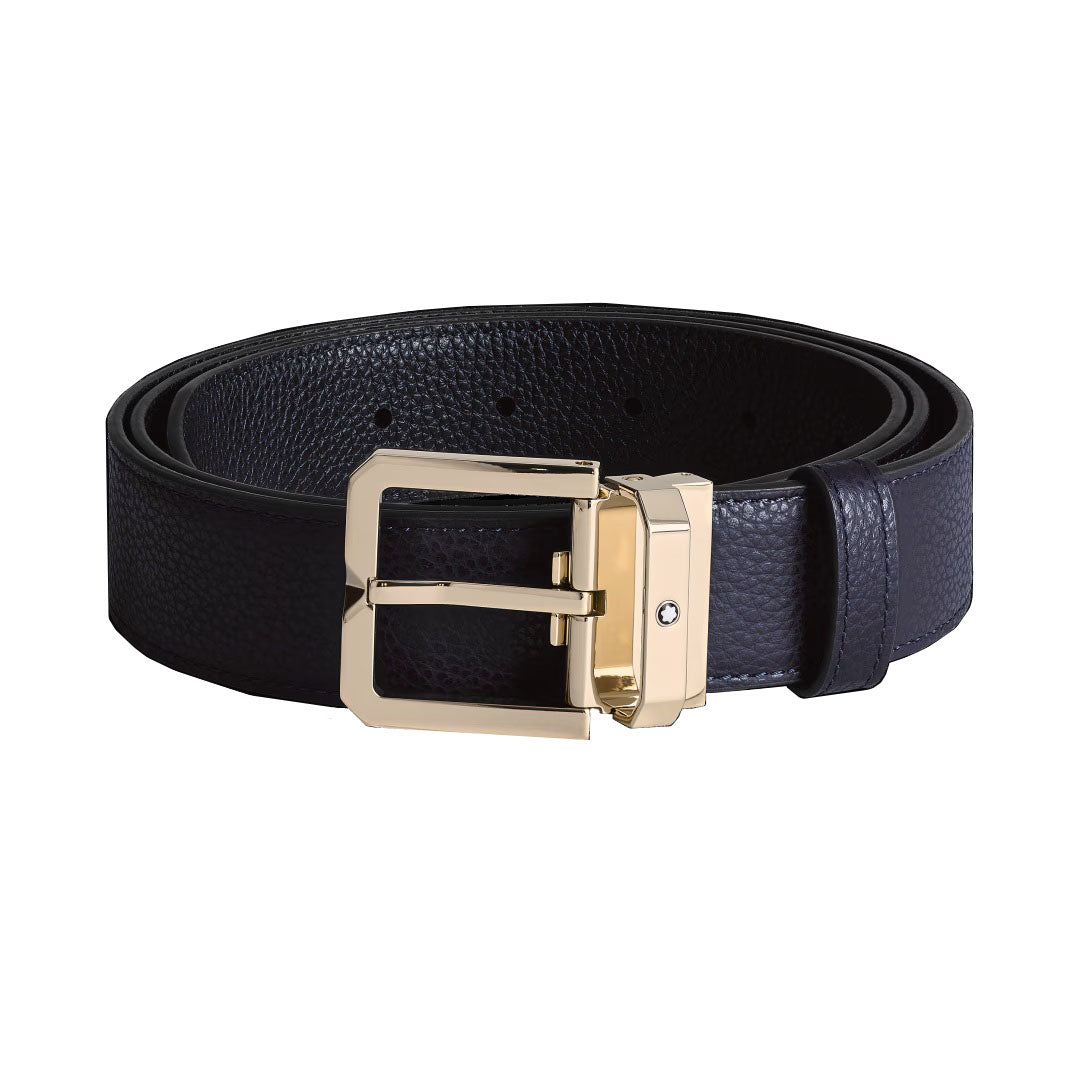 Montblanc 35mm Belt s podkovy spony Light Gold Reverzible Blue Night/Black 199099