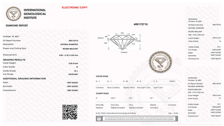 IGI Diamond Blister Certified Brilliant Cut 0.26ct Color G Purity VS 1