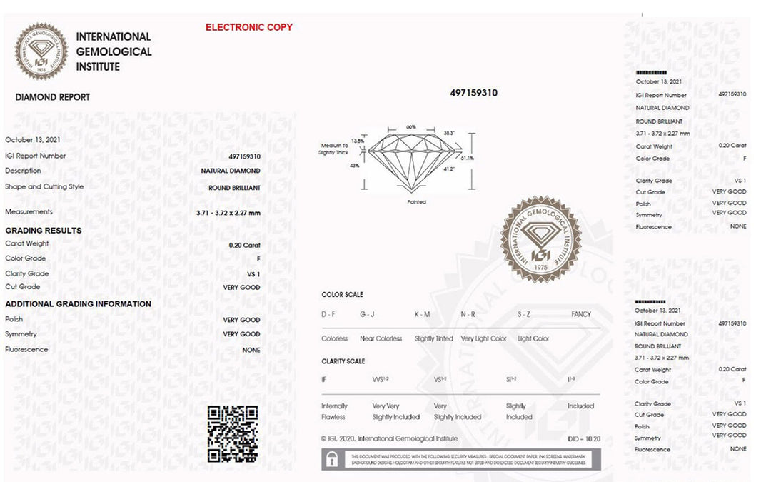 IGI Diamond Blister Certified Brilliant Cut 0.20ct Color F Purity VS 1