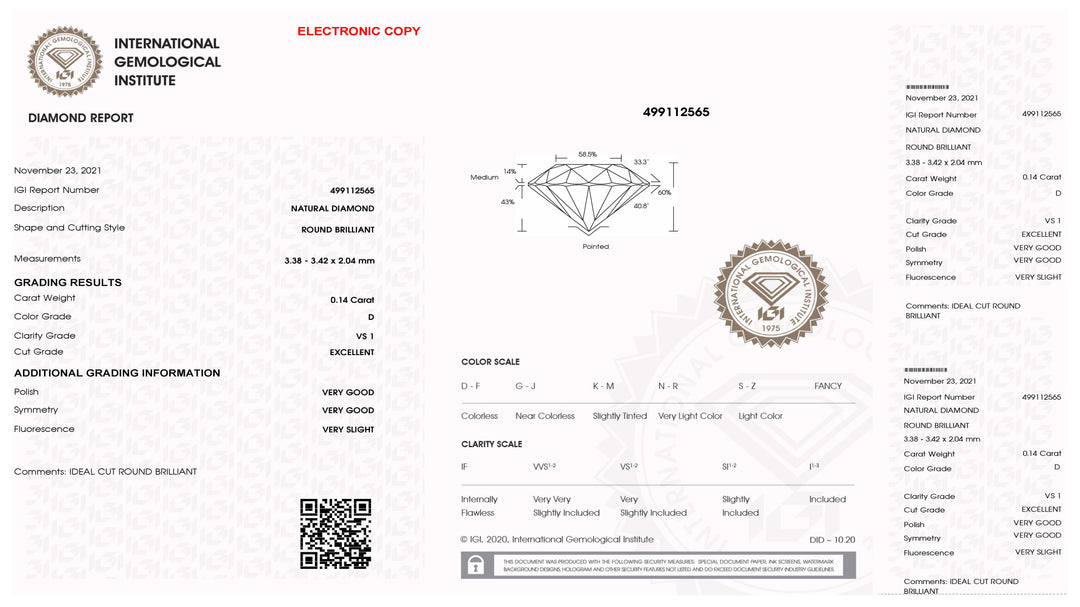 IGI Diamond Blister Certified Brilliant Cut 0.14ct Color D Purity VS 1