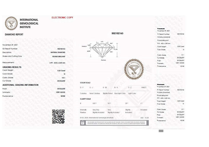 IGI Diamond Blister Certified Brilliant Cut 0.25ct Color G Purity VS 1