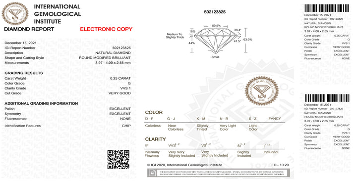 IGI diamante blister certificado brilhante corte 0,25ct cor G pureza VVS 1