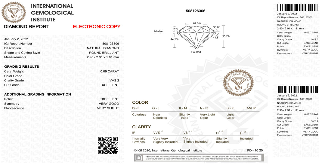 IGI diamante in blister certificato taglio brillante 0,09ct colore E purezza VVS 2