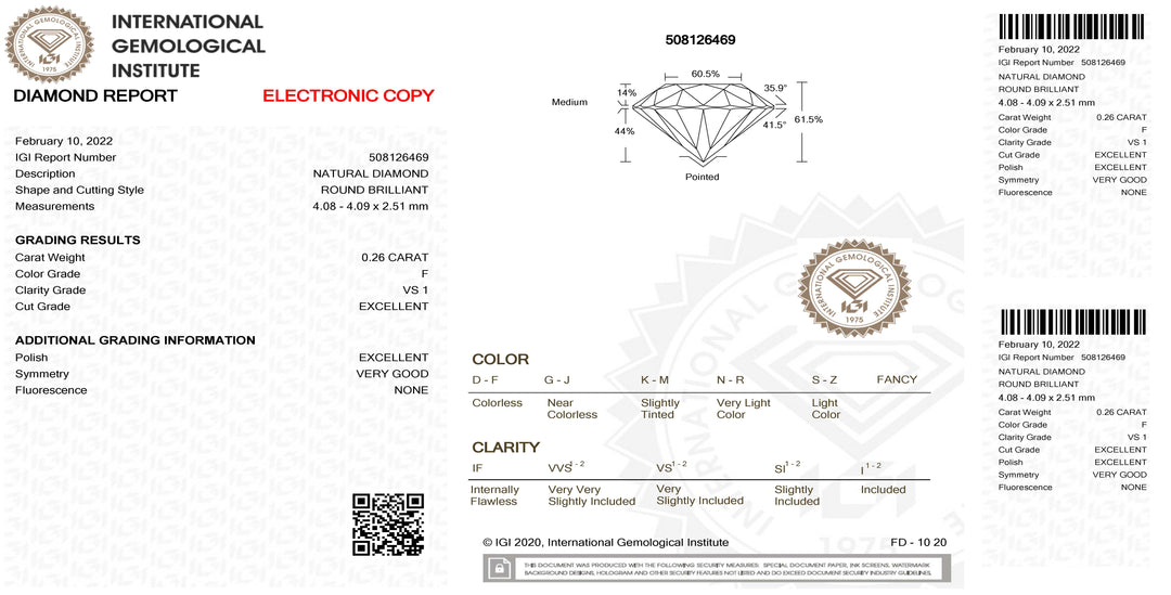 IGI Diamond Blister Certified Brilliant Cut 0.26ct Color F Purity VS 1