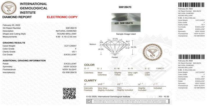 IGI diamant blister certifié brillant taille 0,27ct couleur F pureté VS 1