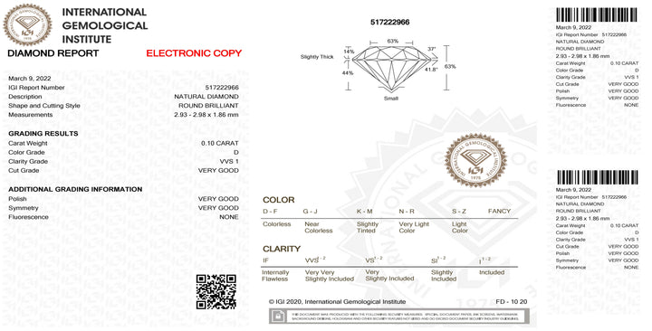 IGI Diamond Blister Certified Brilliant Cut 0.10ct Color D Purity VVS 1
