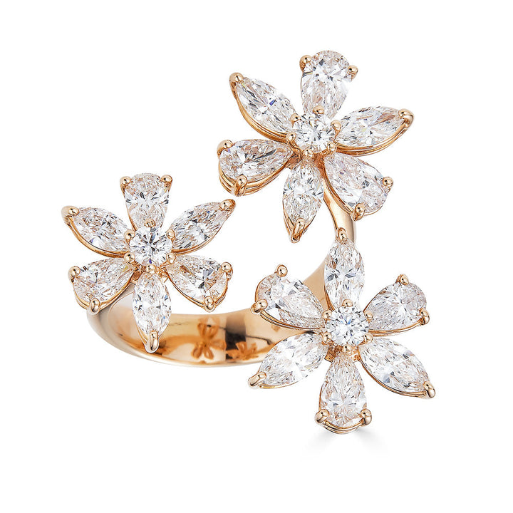 Zydo triple flower ring with pear, marquise and round diamonds rose gold 53613