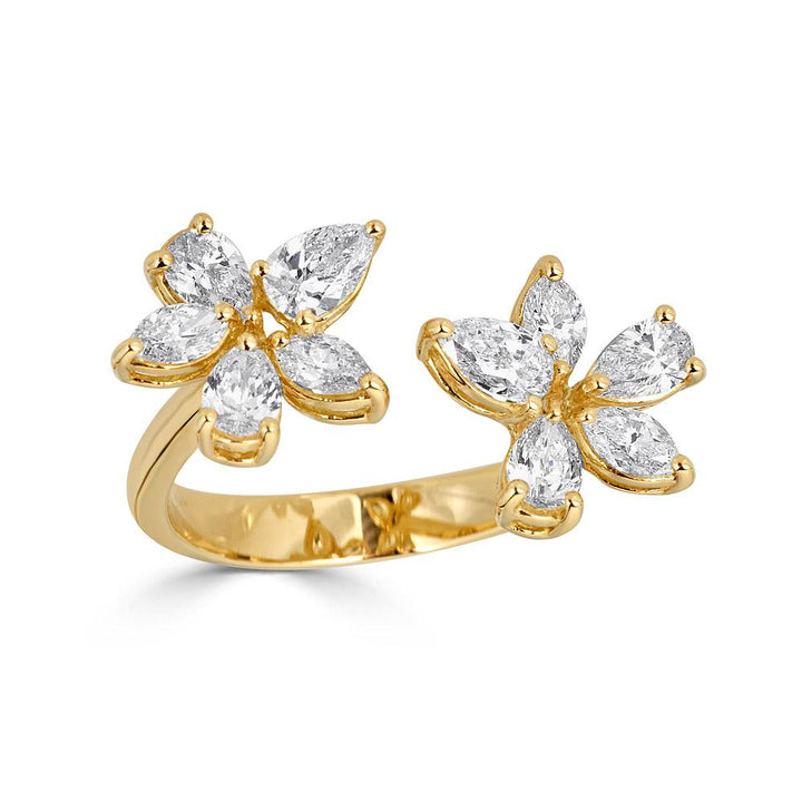 Zydo flower-shaped ring with double element and fancy cut diamonds in yellow gold 55308
