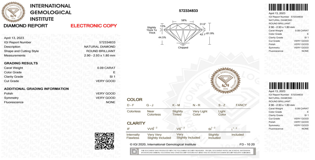 IGI 钻石水泡证书闪亮切割 0.09ct 颜色 E 纯度 SI 1
