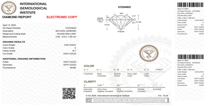 IGI Diamond Blister Certified Brilliant Cut 0.09ct Color E Purity SI 1