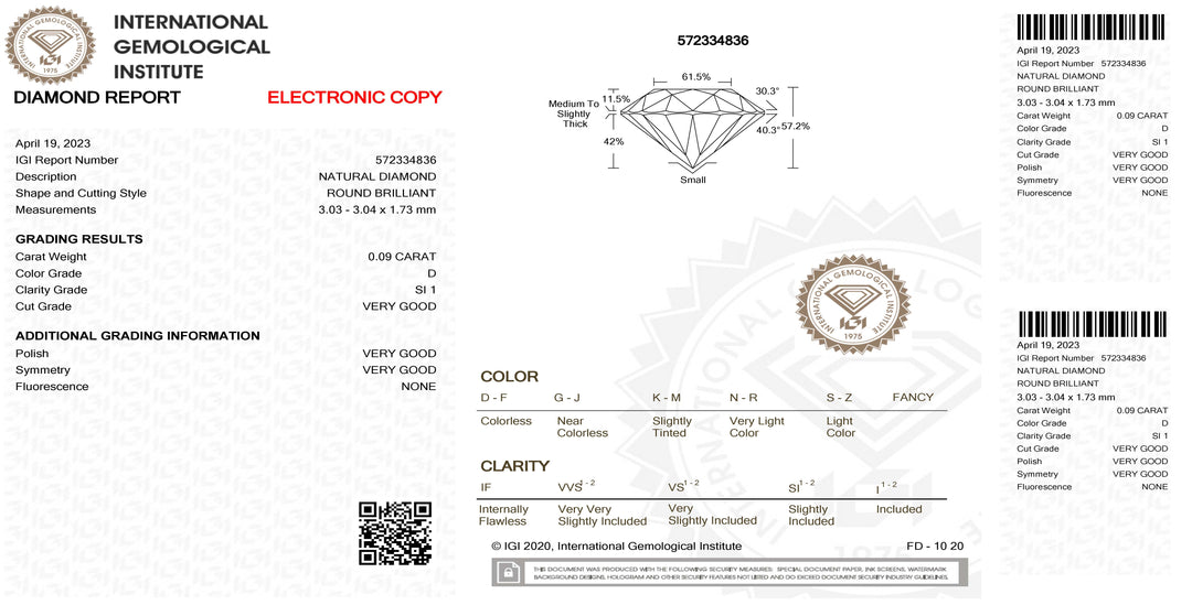 IGI diamante blister certificado corte brilhante 0,09ct cor D pureza SI 1