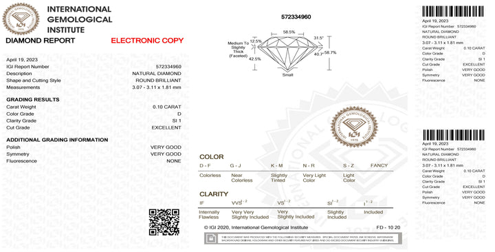 IGI diamante blister certificado de corte brilhante 0,10ct Cor D Pureza SI 1