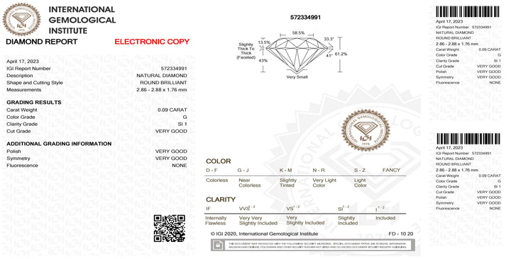 Diamante Blister certificado de corte brillante 0.09ct Color G Pureza SI 2