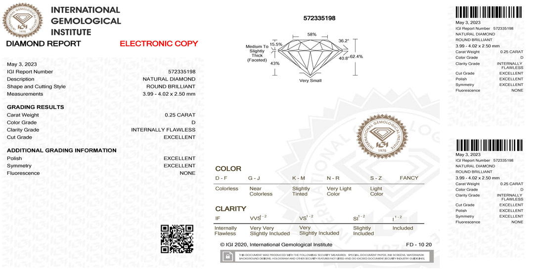 IGI diamante blister certificado brilhante corte 0,25ct cor D pureza IF