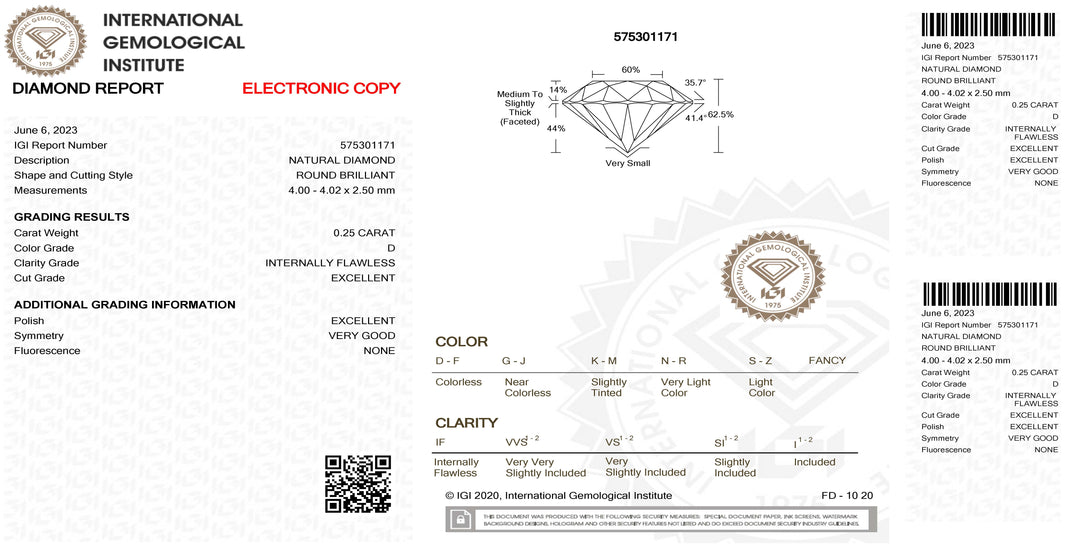 IGI diamante in blister certificato taglio brillante 0,25ct colore D purezza IF