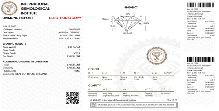 IGI 钻石水泡证书闪亮切割 0.08ct 颜色 F 纯度 VVS 2