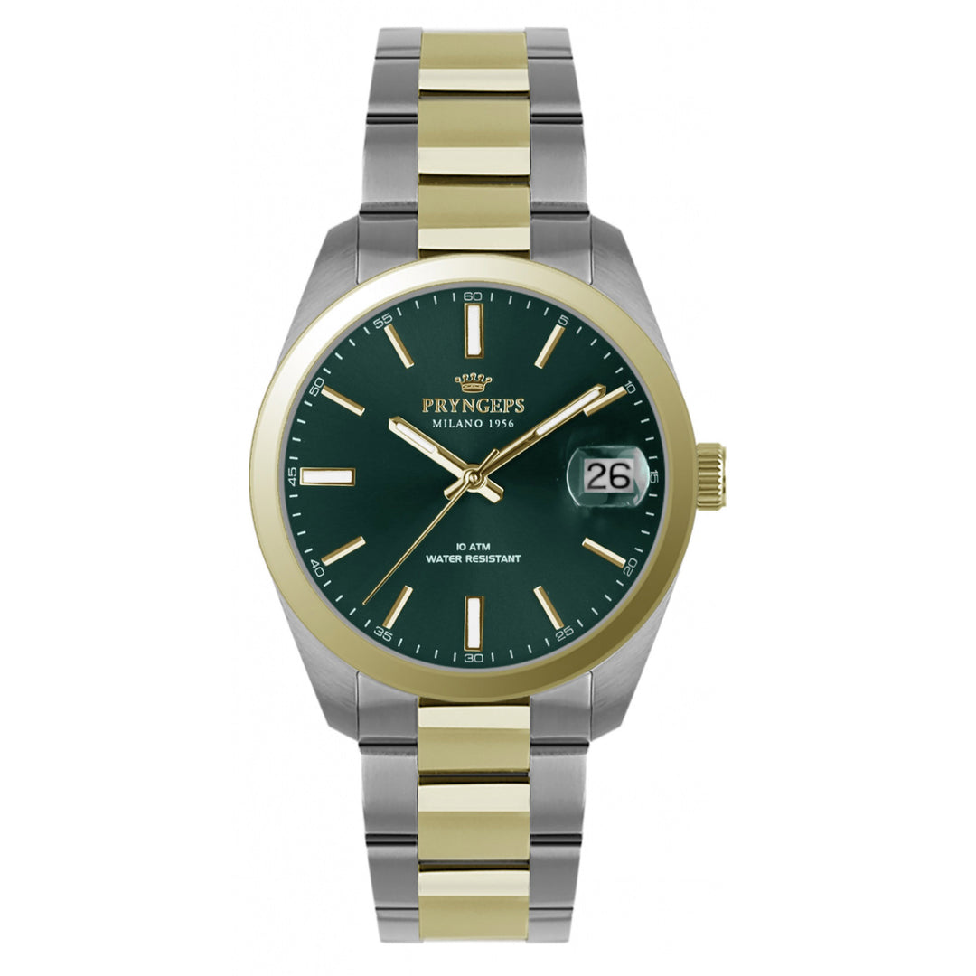 Relógio Pryngeps Torino 33 mm aço quartzo verde com acabamento PVD ouro amarelo A1072-B VE