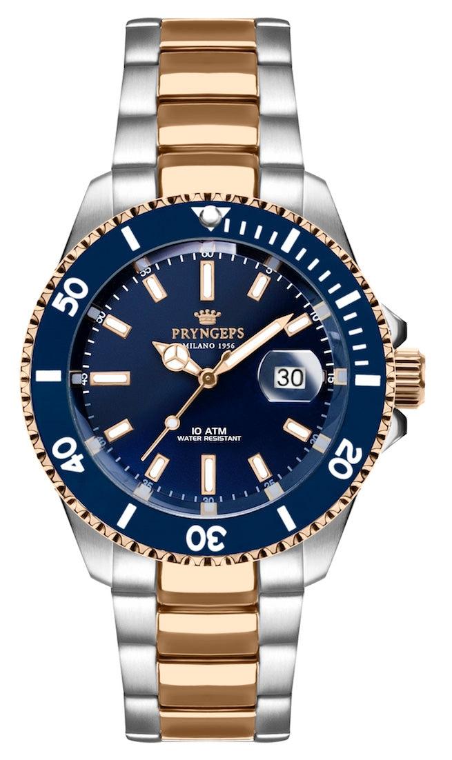 Pryngeps Mediterranean часы Professional 42mm синий кварцевый стальной отделка PVD желтое золото A1097 N-V
