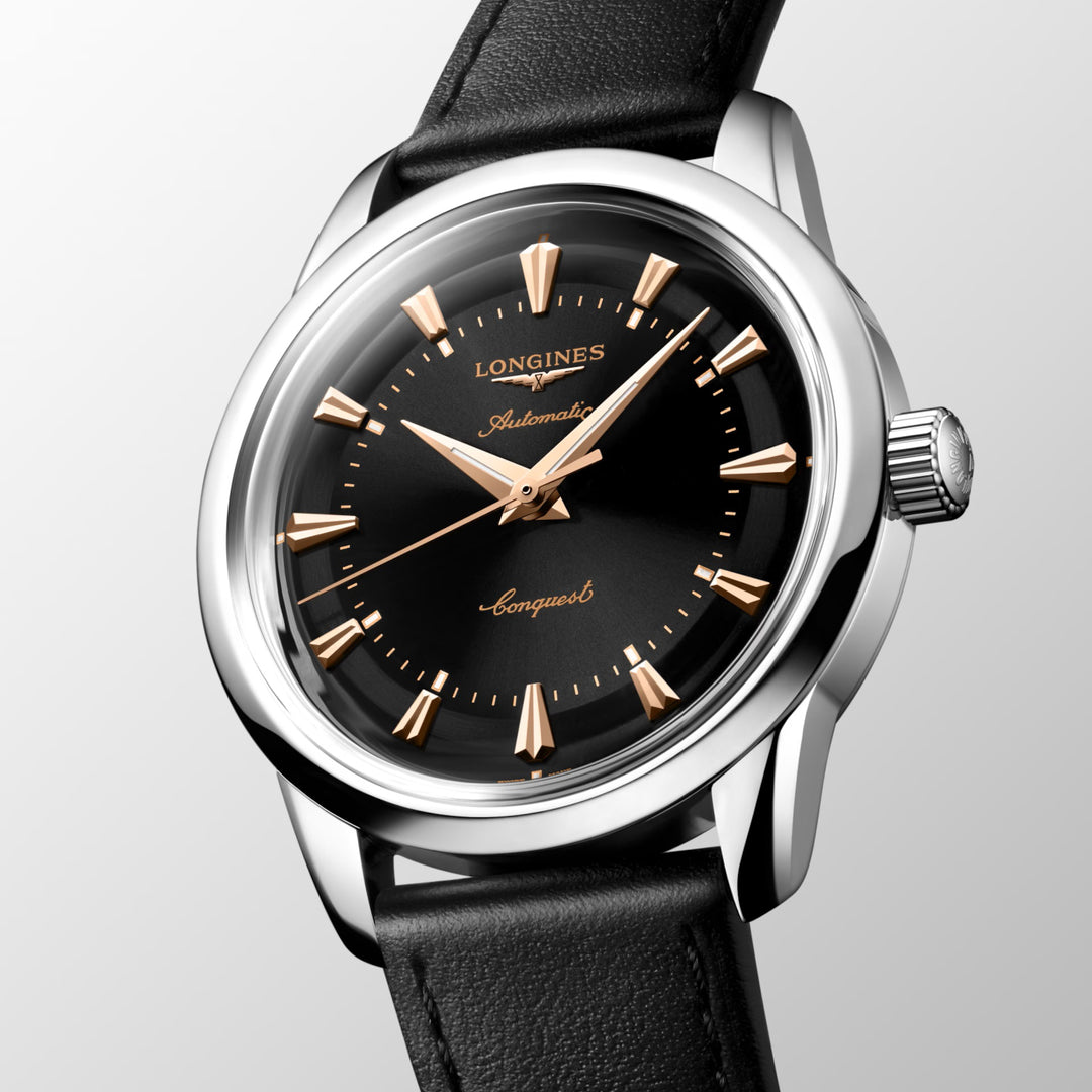 ساعة لونجين كونكويست هيريتاج 38 ملم أوتوماتيكية سوداء من الفولاذ L1.649.4.52.2