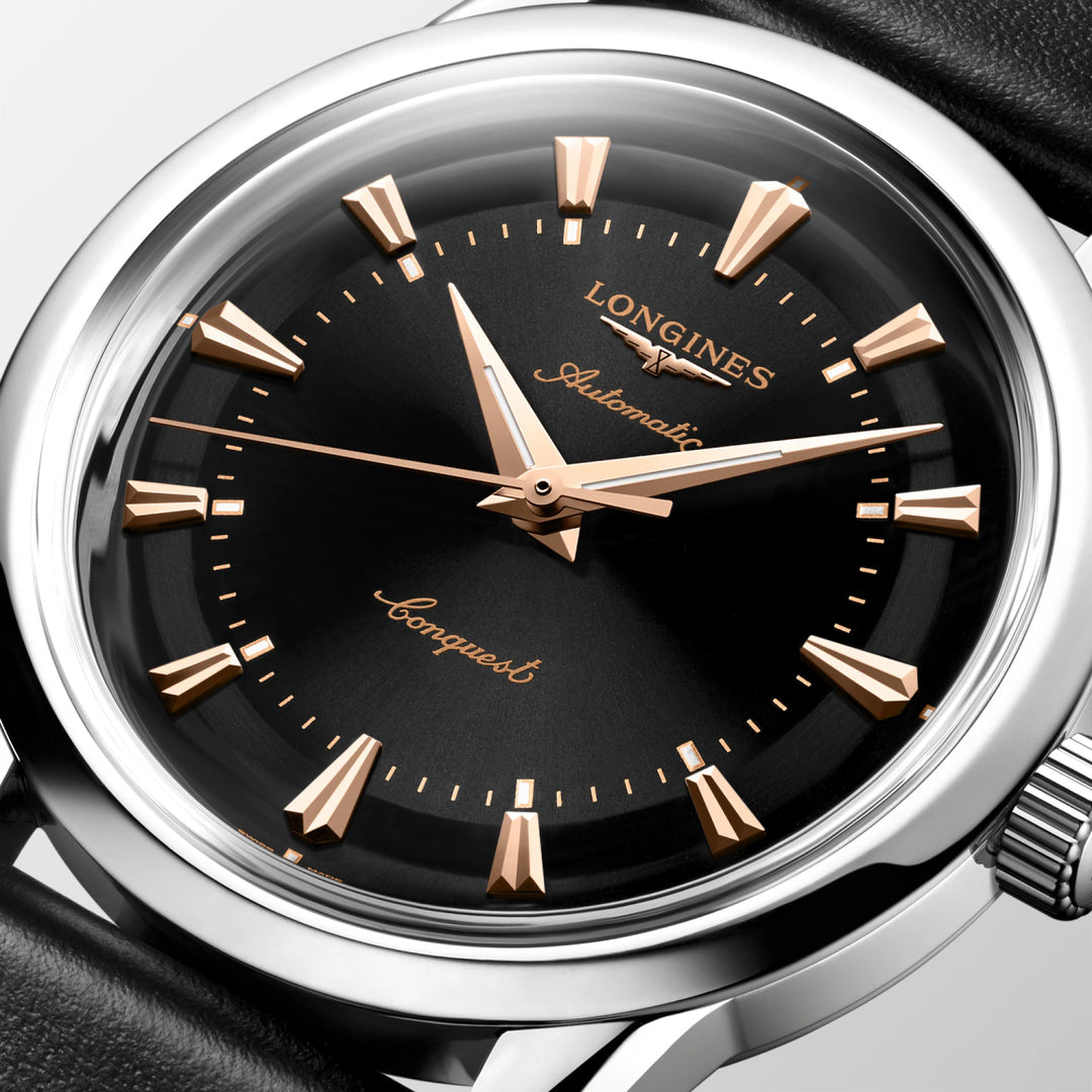 ساعة لونجين كونكويست هيريتاج 38 ملم أوتوماتيكية سوداء من الفولاذ L1.649.4.52.2