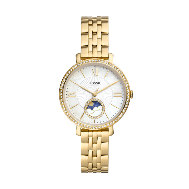 Relógio multifuncional fóssil Jacqueline com fases solares e lunares com pulseira de aço de ouro ES5167