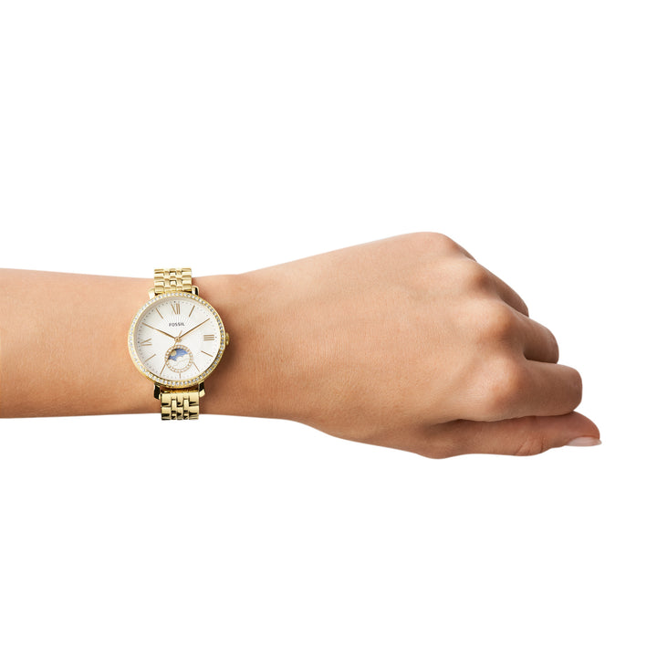Relógio multifuncional fóssil Jacqueline com fases solares e lunares com pulseira de aço de ouro ES5167