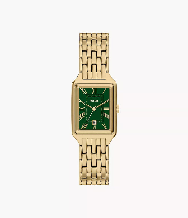 Fossile Uhr Raquel 23 mm grüner Quarzstahl Gelbgold PVD-Finish ES5452