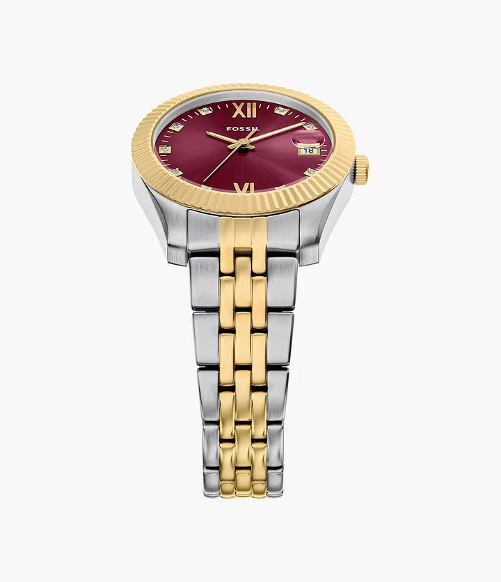 Fossile Uhr Scarlette 33 mm, burgunderroter Quarzstahl, PVD-Finish, Gelbgold ES5461
