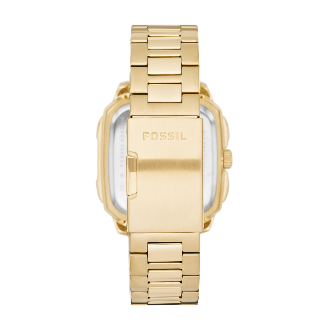 化石三銘文手錶，帶有金色的金鋼手鐲和手鐲FS5932
