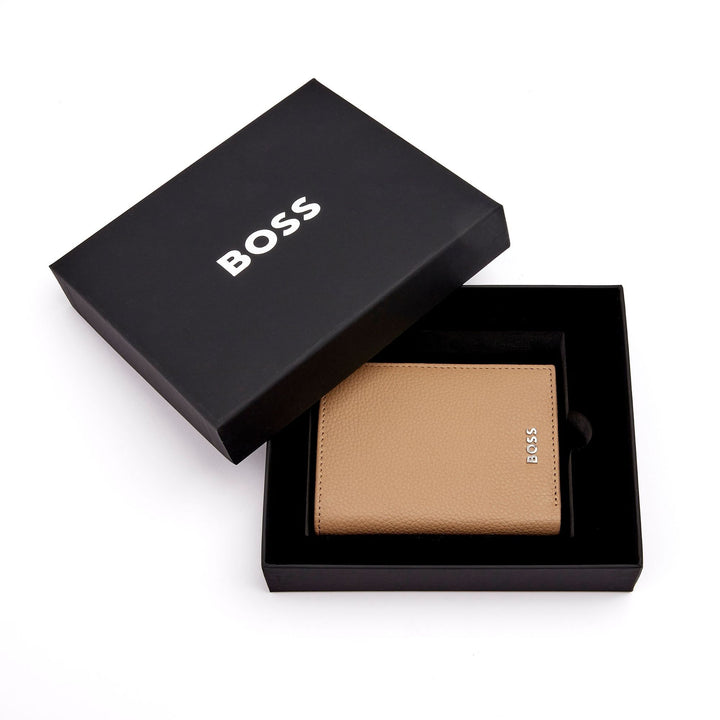 Porta-cartões Hugo Boss com aba e bolso para dinheiro Classic Grained Camel HLG416X