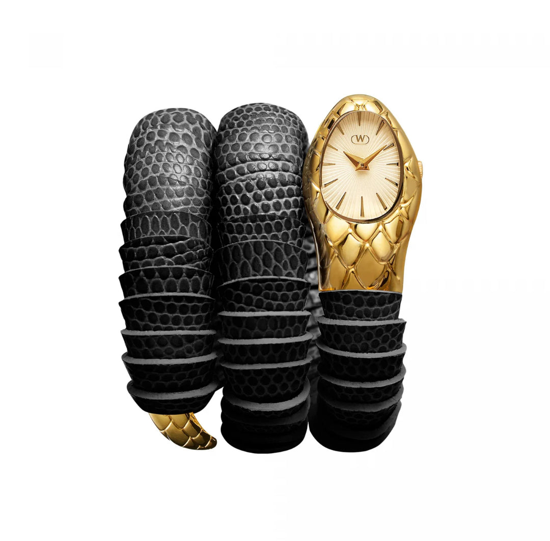 Wintex relógio serpente champanhe quartzo aço acabamento PVD ouro amarelo BlackSerpe