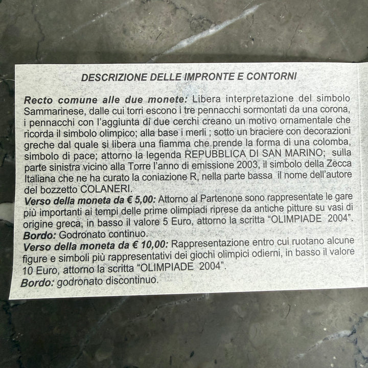 Silver coins €5 €10 Republic of San Marino 2004 Olympics