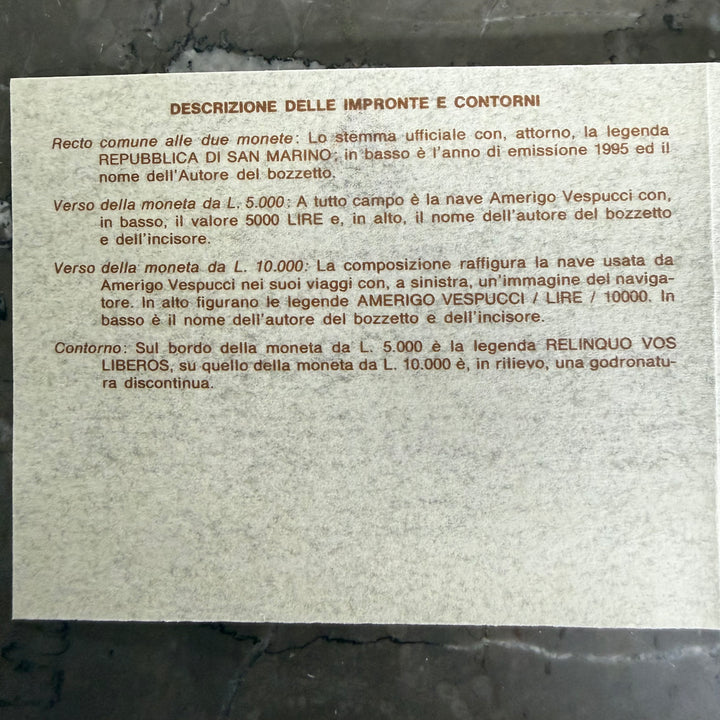 Silver coins 5000 10000 Lire Republic of San Marino Amerigo Vespucci 1995