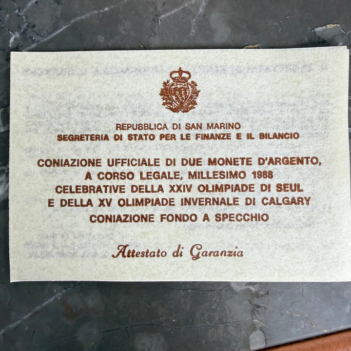 Silver coins Republic of San Marino XV Calgary Winter Olympics and XXIV Seoul Olympics 1988