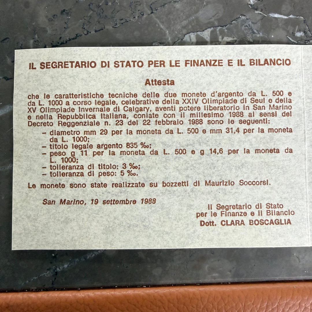 Silver coins Republic of San Marino XV Calgary Winter Olympics and XXIV Seoul Olympics 1988