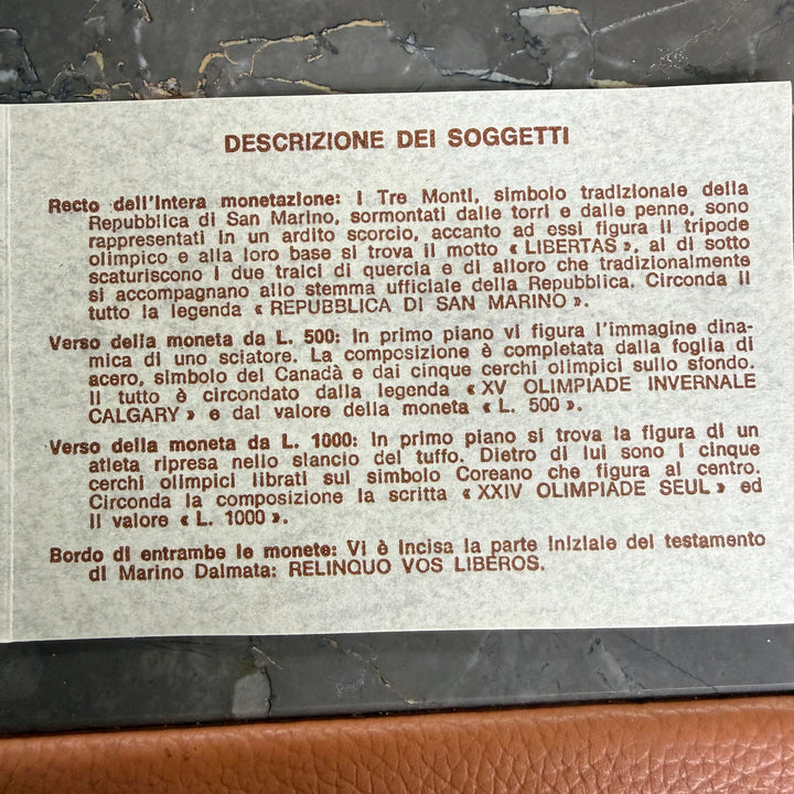 Silver coins Republic of San Marino XV Calgary Winter Olympics and XXIV Seoul Olympics 1988