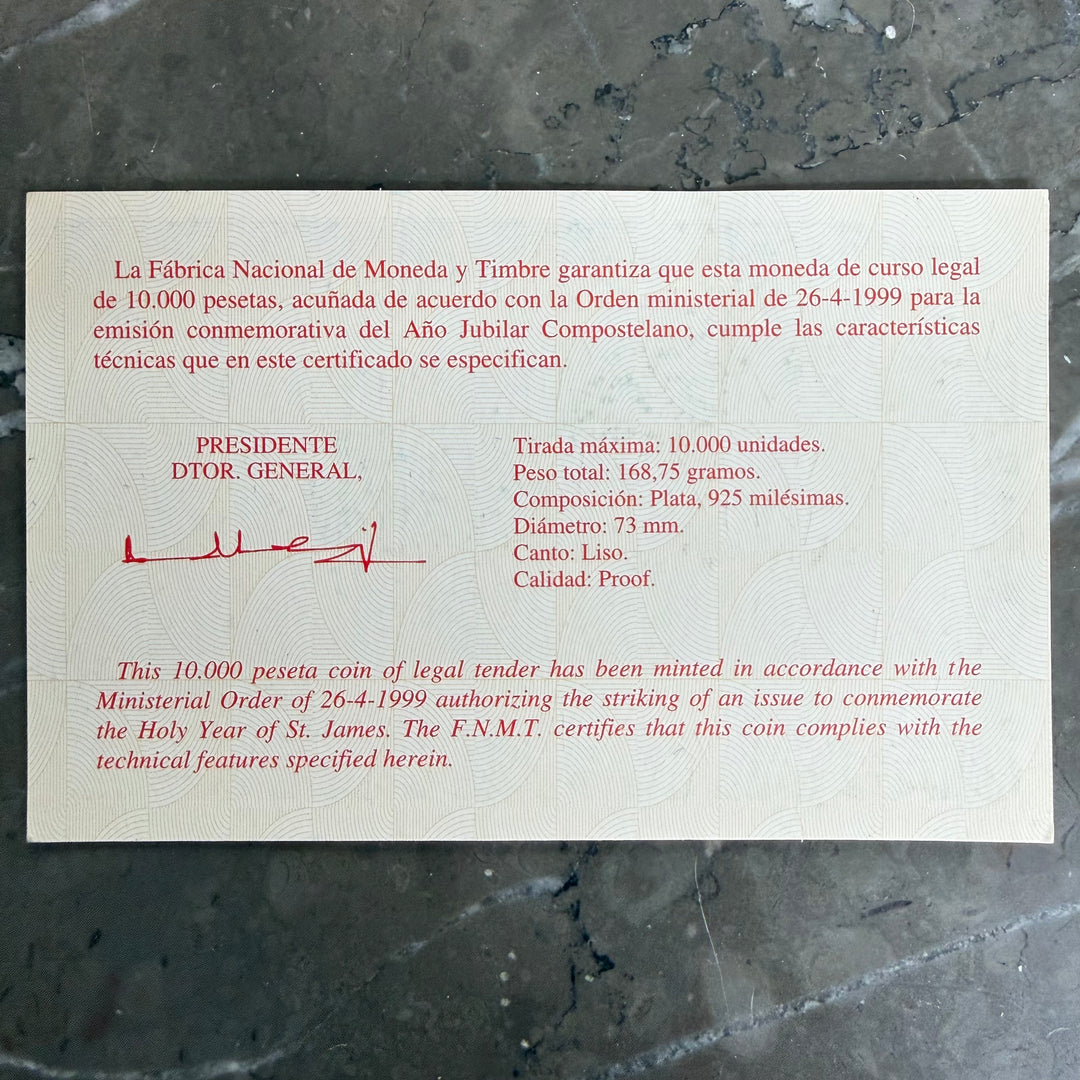 Moeda de prata Cinquentín 10000 Pesetas Año Jubilar Compostelano 1999