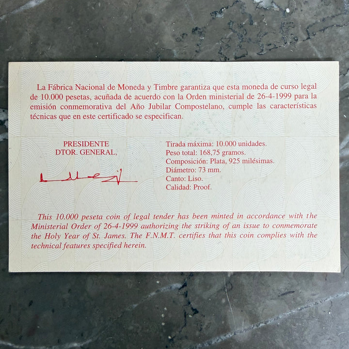 Moeda de prata Cinquentín 10000 Pesetas Año Jubilar Compostelano 1999