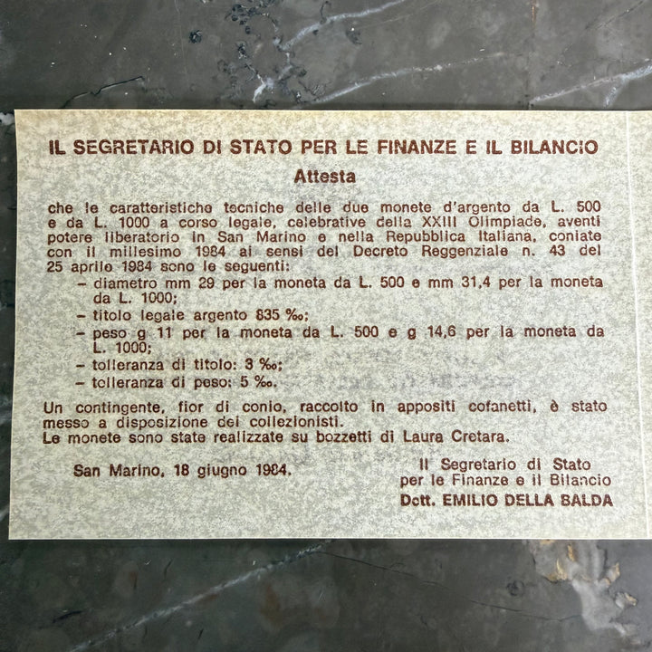 Silver coins 500 1000 Lire Republic of San Marino XXIII Olympics 1984