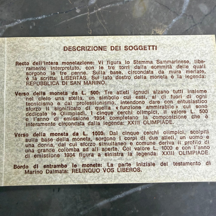 Silver coins 500 1000 Lire Republic of San Marino XXIII Olympics 1984