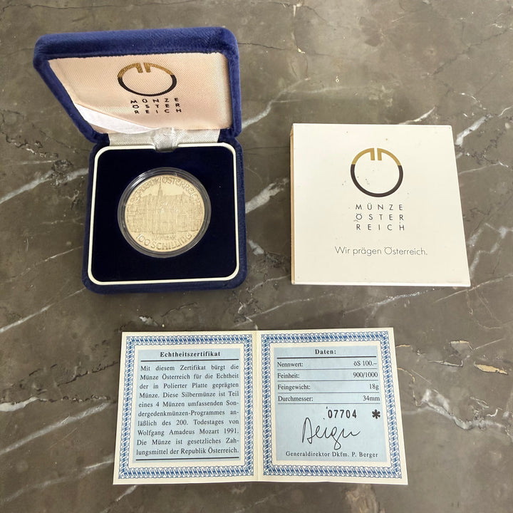 Silver coin 100 Austrian shillings 200th death of Wolfgang Amadeus Mozart 1991