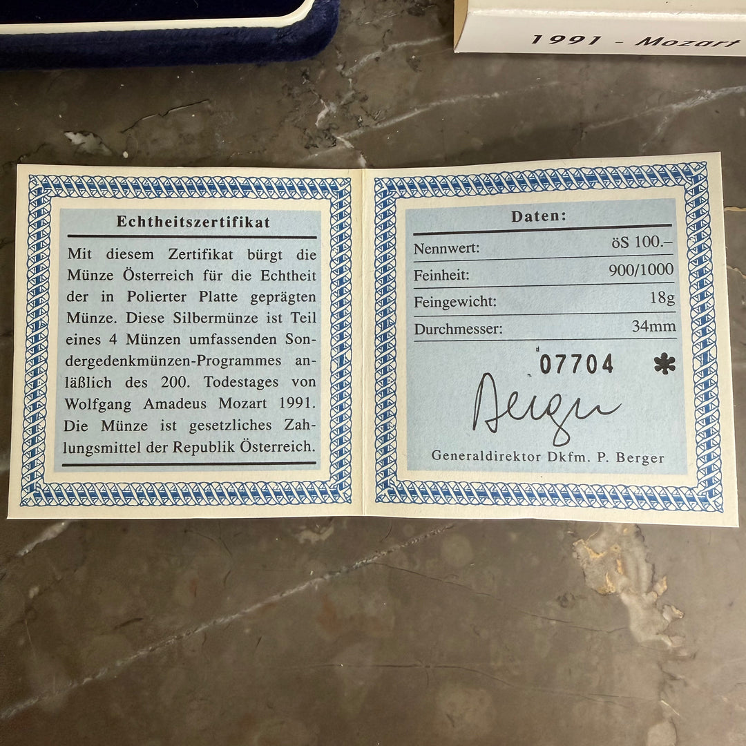 Silver coin 100 Austrian shillings 200th death of Wolfgang Amadeus Mozart 1991