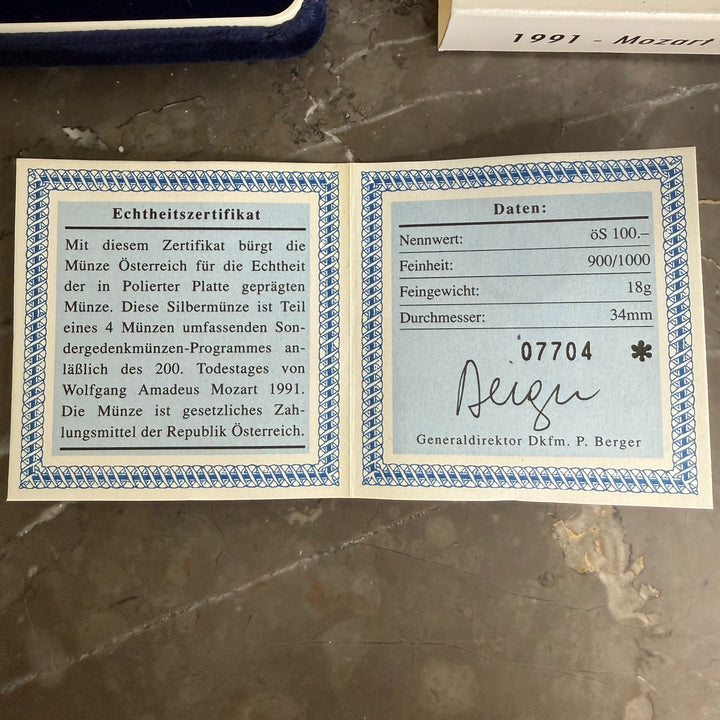 Silver coin 100 Austrian shillings 200th death of Wolfgang Amadeus Mozart 1991