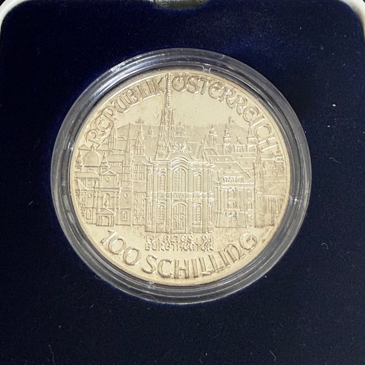 Silver coin 100 Austrian shillings 200th death of Wolfgang Amadeus Mozart 1991